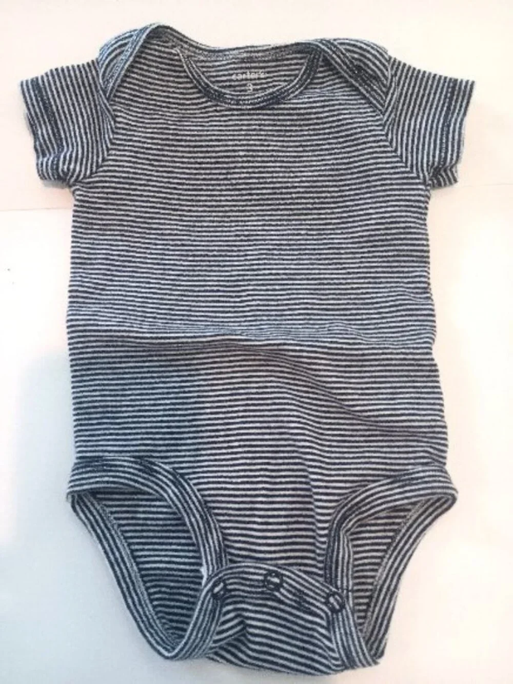 3 Carter's 1-Piece Outfits - Navy Striped, White W/Whales and Light Blue Striped